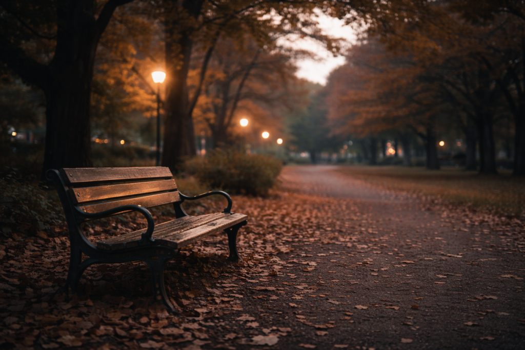 精神科の診断後、後悔や迷いを抱えながら座った夕方の公園のベンチをイメージした風景